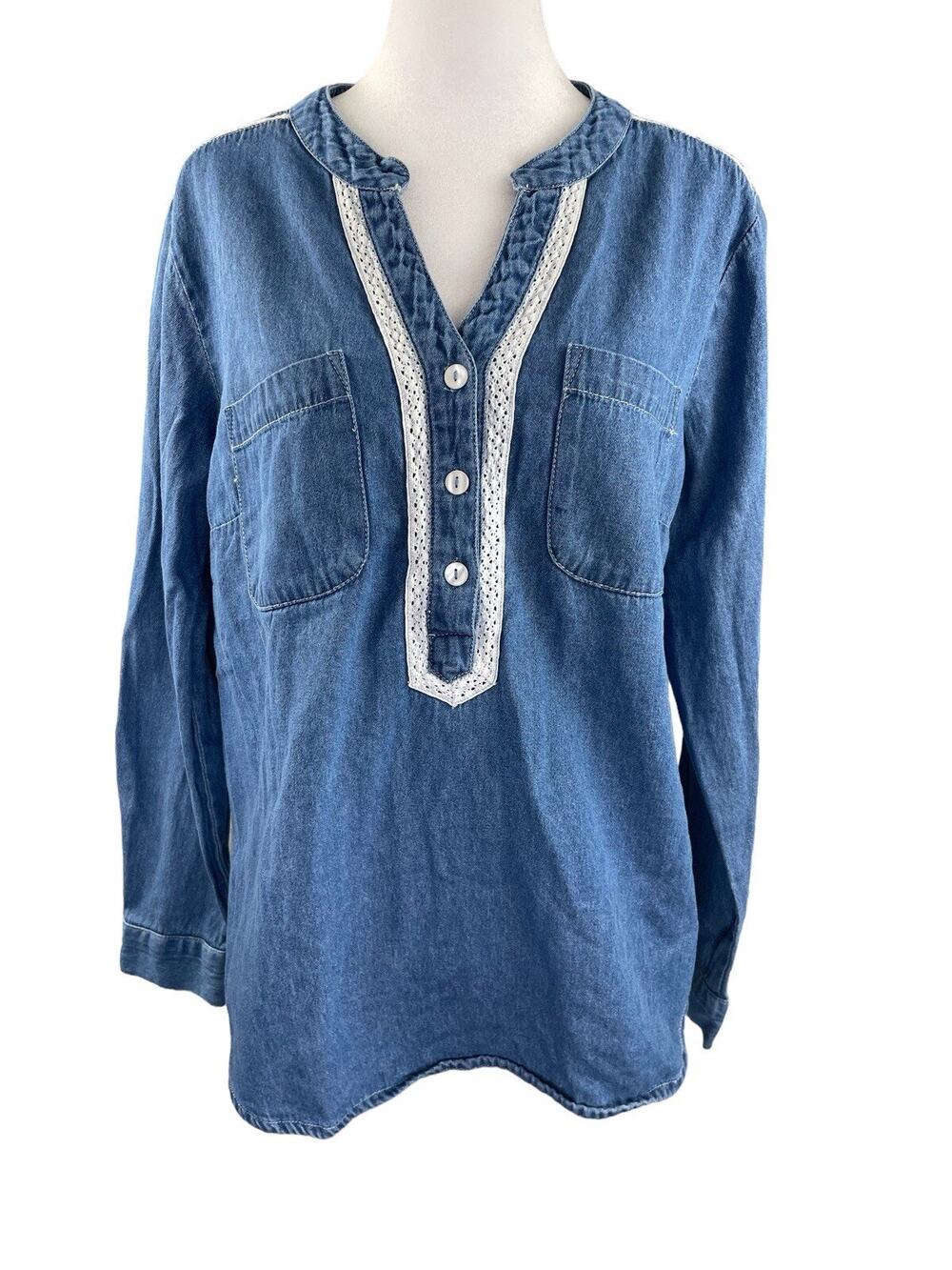 Country Store Women's M Cotton Chambray Tunic Peasant Top Crochet Lace Edging